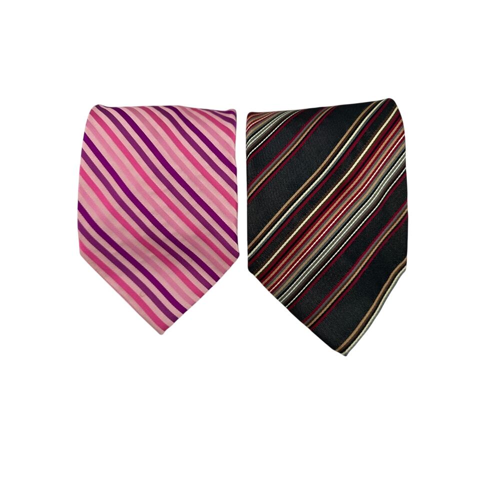 Lot of 2 Men’s Neck Ties Pink Purple Stripe & Black Multicolor Stripe Classic
